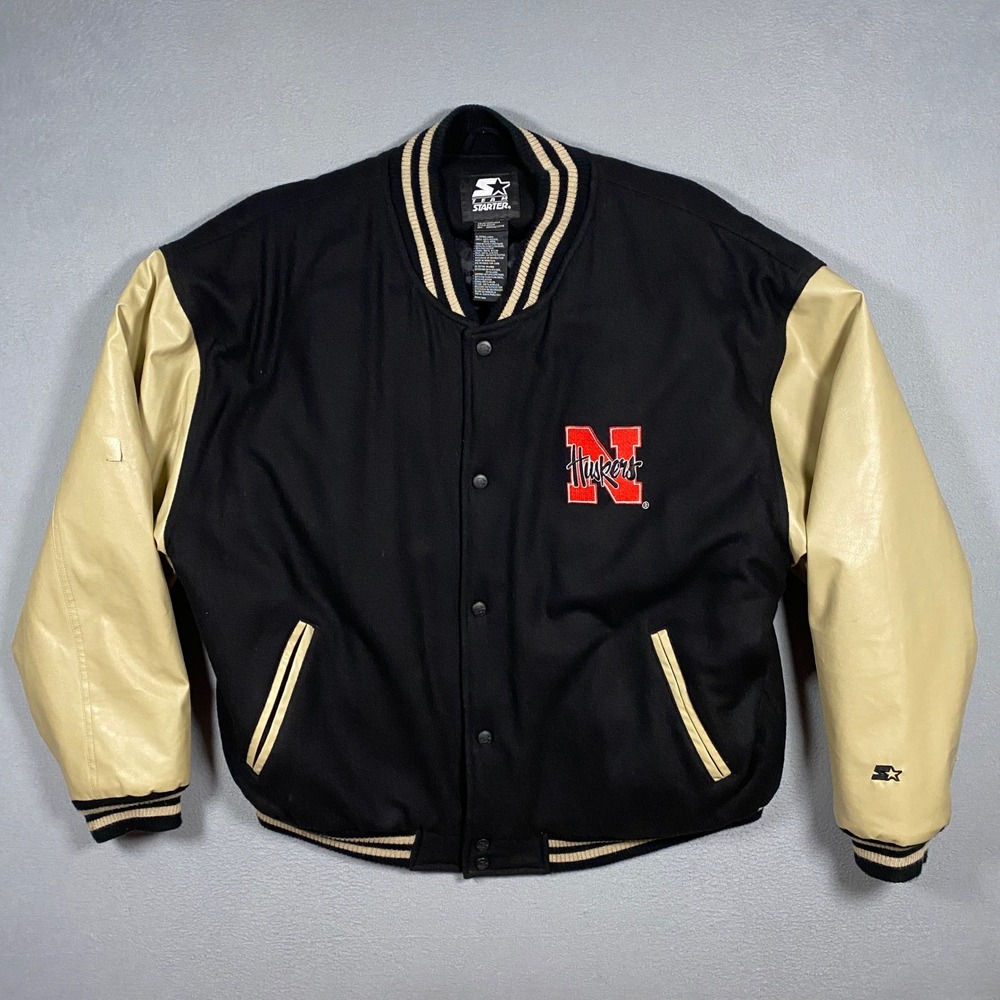 Vintage Starter Varsity Jacket Mens XL Nebraska Huskers Wool Blend Faux Leather